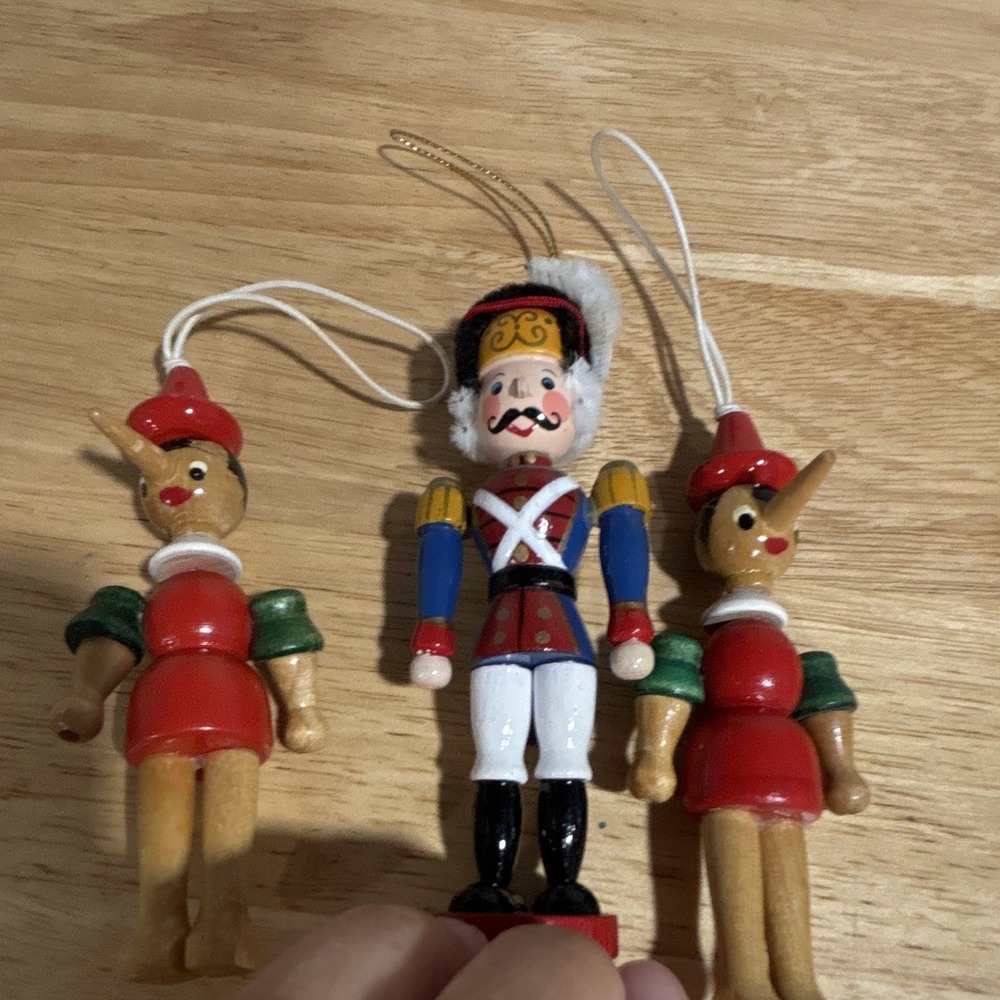 Set of 3 Wooden Hanging Christmas Ornaments Nutcracker & Pinocchio Toy Soldiers